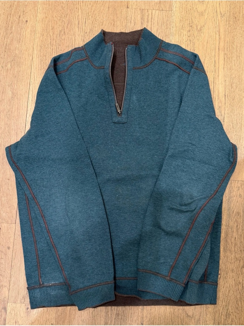 Tommy Bahama Teal Zip-Neck Sweater with Brown Contrast Trim